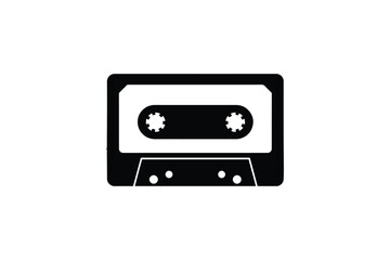 Fototapeta premium Audio cassette tape black silhouette icon on white background, vintage music technology symbol