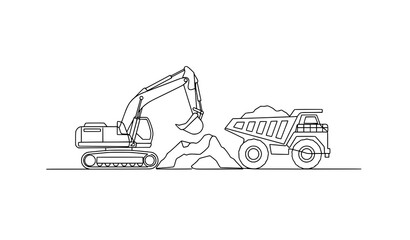 Mining quarry machinery continuous line minimalist excavator vector illustration © MdMahfizur