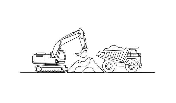 Mining quarry machinery continuous line minimalist excavator vector illustration