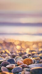 Obraz premium Serene sunset pebbles watercolor illustration evokes tranquil beach reflections warm golden hues