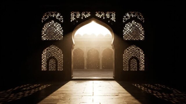 Sunlight through ancient jali windows illuminates a historical palace corridor, casting dramatic light and shadow, evoking timeless grandeur and mystique