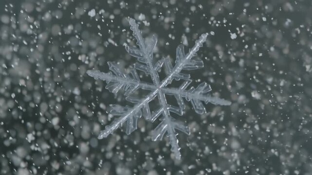 realistic cinematic video, crystalline snow dust suspended mid-air, microscopic ice particles invisible geometric facets, light refracting crystal edges, shimmering pale grey gradient background