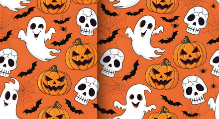 Fototapeta premium Halloween pattern with ghosts skulls and pumpkins