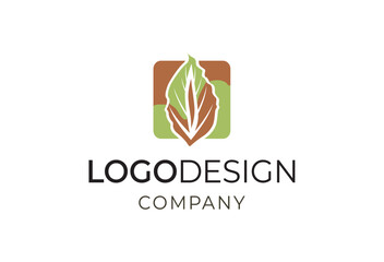 Professional logo design company emblem featuring a stylized leaf icon in a square frame