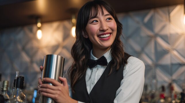 Smiling Asian Bartender Making Cocktail with Shaker at Bar Counter