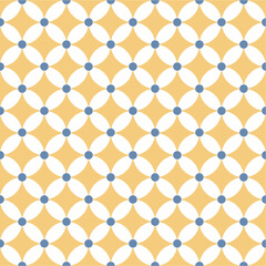 Geometric seamless pattern with interlaced circles and decorative dots in yellow and blue