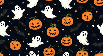 Fototapeta premium Halloween pattern with ghosts and pumpkins