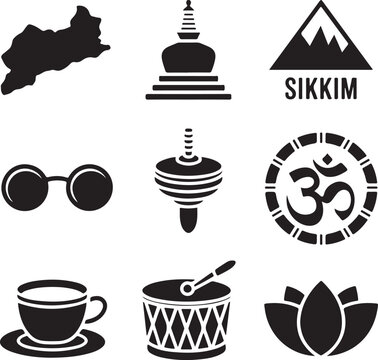Sikkim Indian culture and tourism icons set