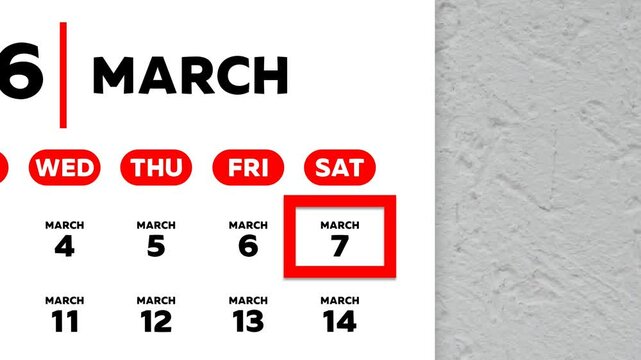 The date March 7th marked with a red cursor on the wall calendar 2026