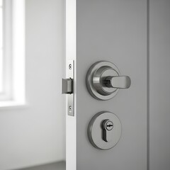 Naklejka premium Modern Silver Door Lock and Handle Set on White Interior Door – Home Security Hardware
