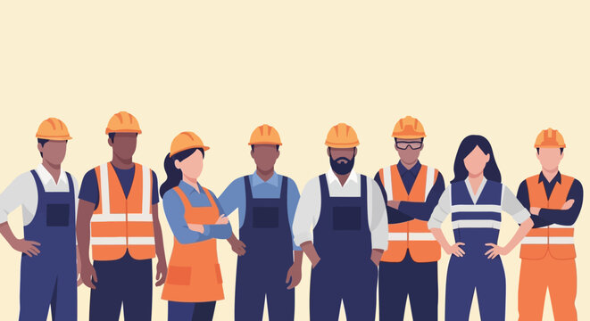 Diverse group of construction workers wearing hard hats and safety vests.