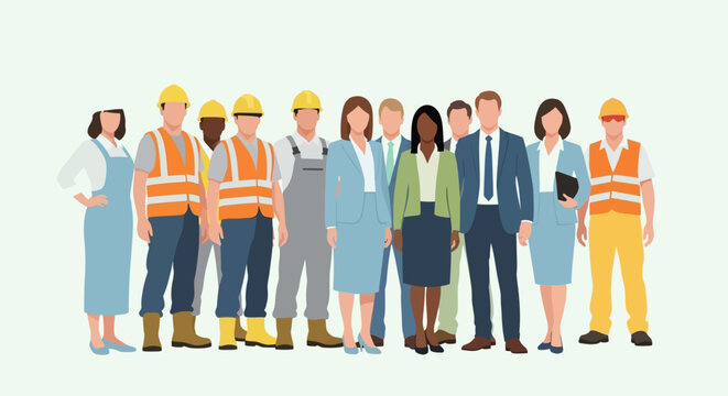 Diverse group of professionals in various occupations and attire.