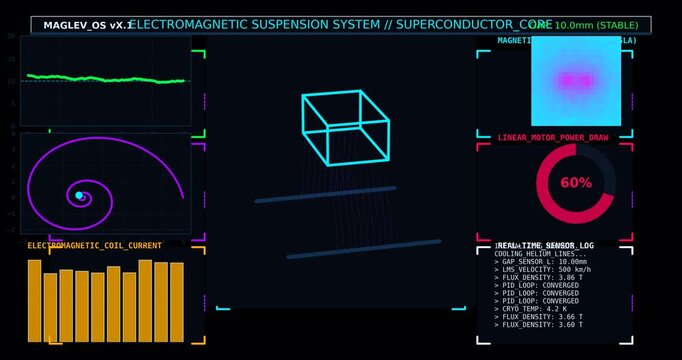 Abstract Electromagnetic Suspension and Magnetic Levitation Visualization Showing Energy Flow, Control Metrics and Futuristic Transportation Technology Interface Animation