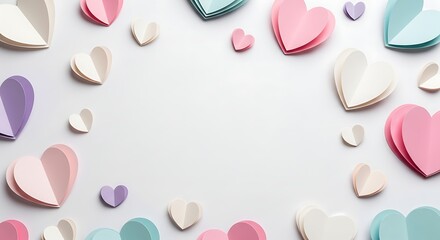 Fototapeta premium Pastel Paper Hearts Border on Soft Background