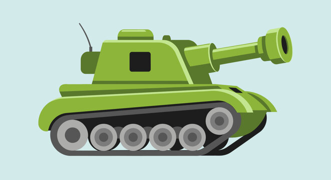 Green cartoon tank with large cannon on light background.