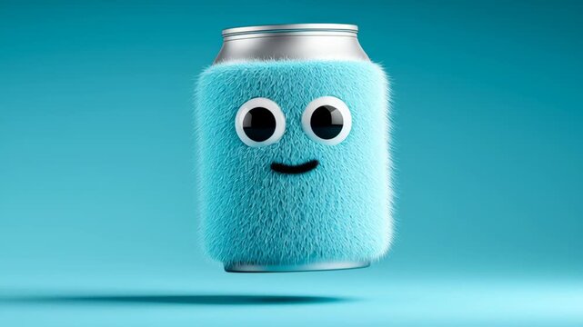 Blue fuzzy can with large eyes and a smiling face floats against a bright blue background, showcasing a playful and whimsical character design in a vibrant setting