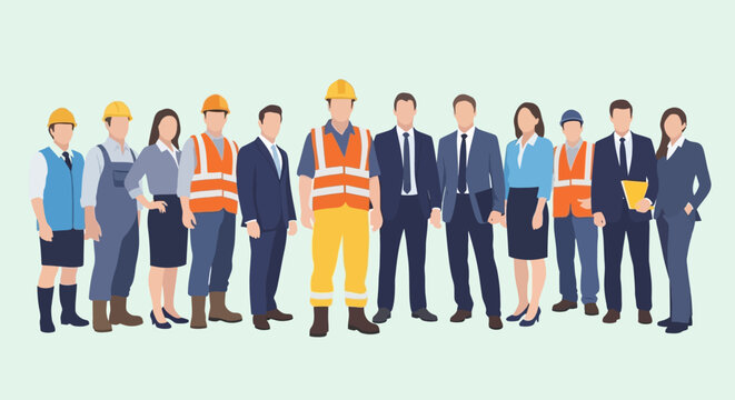 Diverse group of professionals and construction workers standing together.