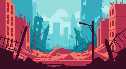 Post-apocalyptic cityscape with destroyed buildings and debris.