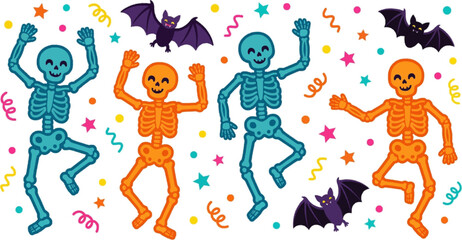 Cute Halloween characters seamless pattern with pumpkin mummy bat on white background