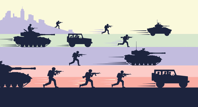 Military Troops and Vehicles in Action During Conflict.