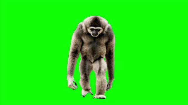 Agile Lar Gibbon Monkey Walking Towards Camera on Green Screen Background, Realistic Primate Animation