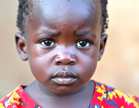 Ni&ntilde;a africana mirando a c&aacute;mara concepto de pobreza infantil e inocencia, para campa&ntilde;a de solidaridad, ayuda humanitaria, cooperaci&oacute;n internacional y concienciaci&oacute;n social contra el hambre en el mundo