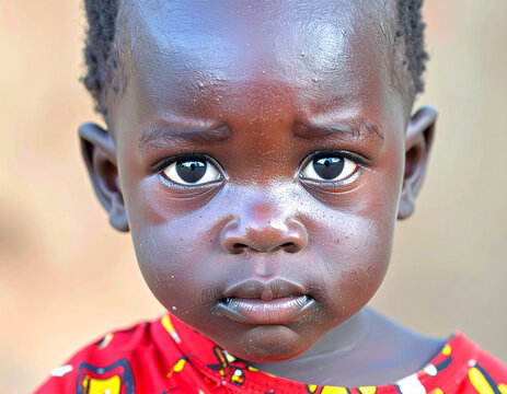 Ni&ntilde;a africana mirando a c&aacute;mara concepto de pobreza infantil e inocencia, para campa&ntilde;a de solidaridad, ayuda humanitaria, cooperaci&oacute;n internacional y concienciaci&oacute;n social contra el hambre en el mundo