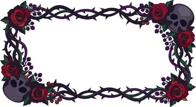 Dark thorny vines with roses and skulls isolated on transparent background