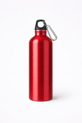 Fototapeta premium Shiny red metal reusable water bottle with a carabiner clip shown against a pure white background for product promotion.