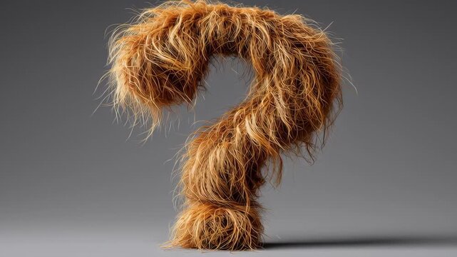 Furry orange question mark sculpture with a textured appearance, displayed against a neutral gray background, highlighting its unique shape and design in a creative context