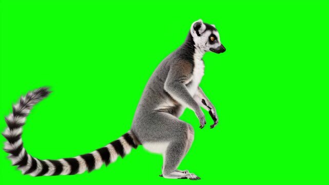 Realistic ring-tailed lemur standing and looking around on green screen, isolated primate for editing