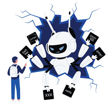 Fake news, false information and unethical bad support in chatbot mobile app. Angry robot with many hands warning man customer about danger from smartphone screen cartoon vector illustration