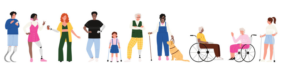 Obraz premium Vector illustration of diverse individuals with disabilities, including people using wheelchairs, crutches, prosthetic limbs, and guide dogs. Represents inclusivity, accessibility, and empowerment.