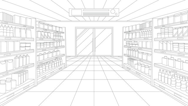 Vector illustration of a perspective sketch of modern empty supermarket interior with organized shelves and clear aisles. Represents retail space, shopping, or store layout in commercial environments.