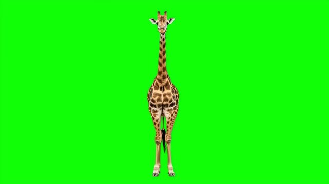 Realistic giraffe walking towards camera on green screen background, isolated african animal for vfx