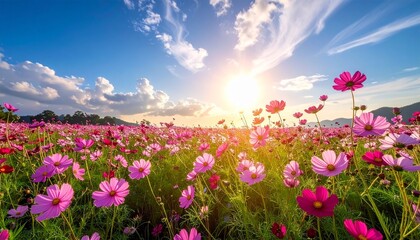 Fototapeta premium A serene field of cosmos flowers swaying gently in the breeze under a vibrant blue sky with radiant sunlight