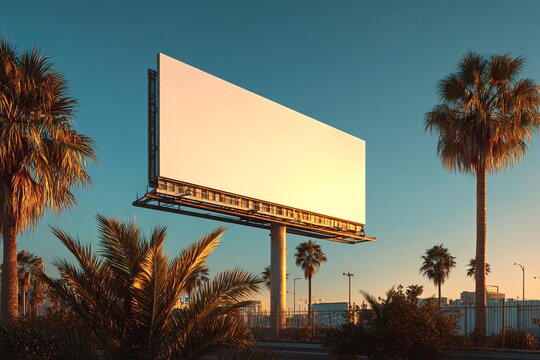 Empty billboard mockup on palm-lined coastal road at golden hour sunset