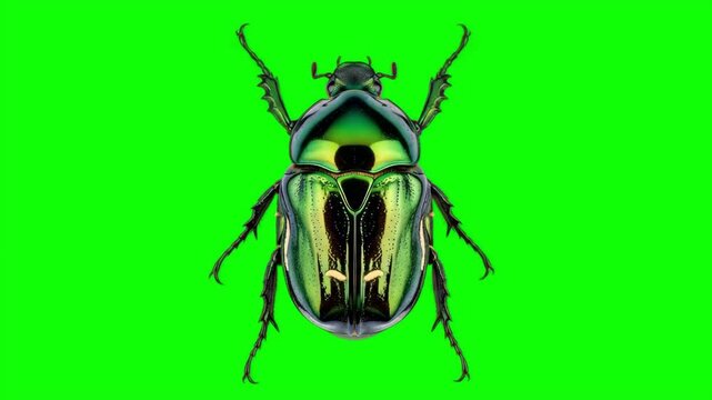 Shiny Metallic Green Jewel Beetle Flying Animation on Green Screen Background, Realistic Insect 4K