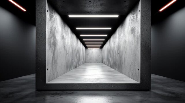 Modern architectural corridor with illuminated ceiling lights and textured concrete walls, showcasing a continuous perspective view into a spacious, minimalistic interior setting
