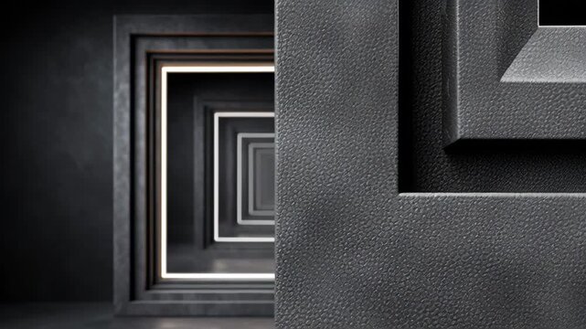 Series of three frames showcasing a continuous perspective of layered rectangular frames in varying depths and textures, creating a dynamic visual effect in a dark interior setting