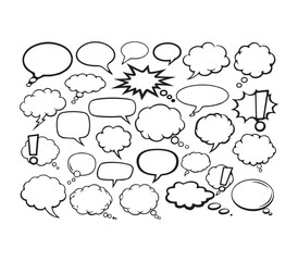 Collection of comic speech bubbles with thought clouds and explosion shapes, hand-drawn design elements for communication