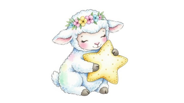 Adorable Cartoon Lamb Holding Yellow Star.