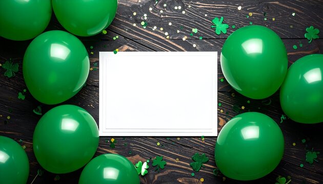 Green balloons, shamrocks, star confetti frame a white card on wood, creating a festive St. Patrick's Day background