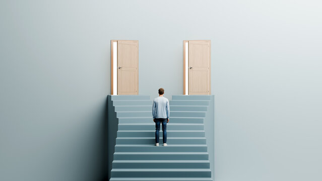 Man standing at a fork in a staircase leading to two open doors representing business decisions and strategic opportunities, 3d render