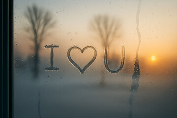 I Love You Written on Foggy Window at Sunrise
