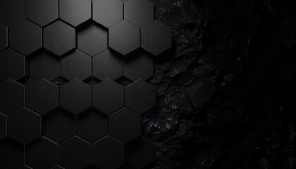 Abstract Dark Hexagonal Pattern and Rugged Rock Texture Background with Purple Accents