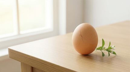 Brown egg rests on wooden table with a green branch nearby. Sunlight shines through window creating warm setting. Concept of cooking, healthy eating, kitchen decor