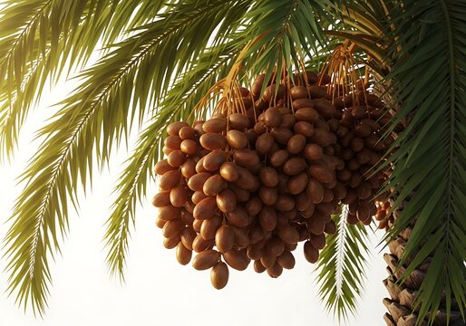 Fresh ripe date palm fruit cluster hanging on tree branch with green fronds in natural desert agricultural environment