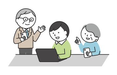 多世代でスマホやパソコンを使って学びあうイメージ　デジタルデバイス学習をする日本人のシニアと若者