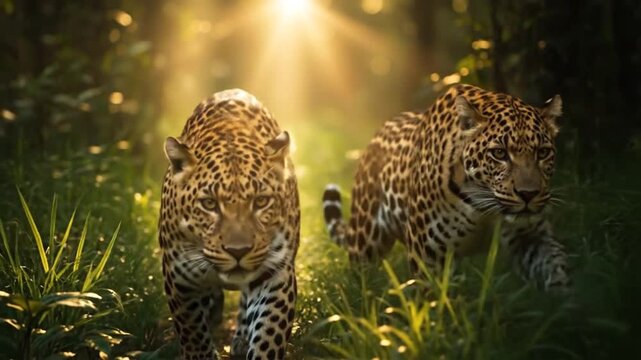 Two Leopards Walking in Forest Together.